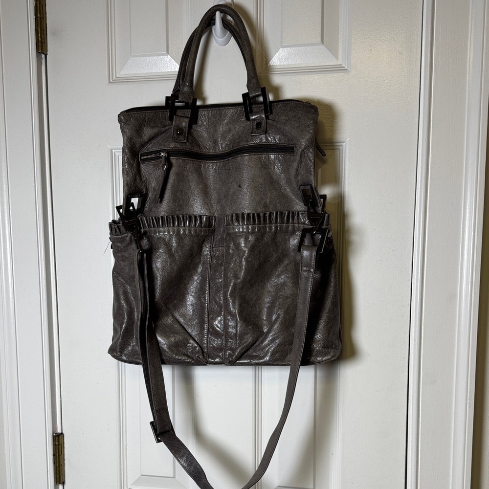 Helen Welsh Metallic Gray Leather Convertible Shoulder Crossbody Tote π - Picture 14 of 16
